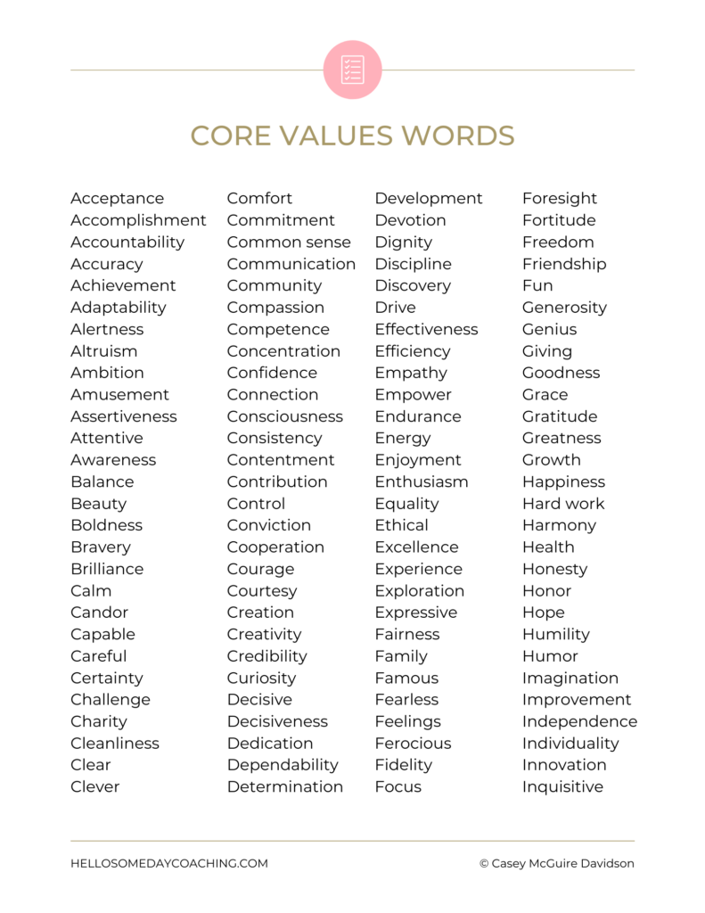 Core Values Words - Hello Someday Coaching