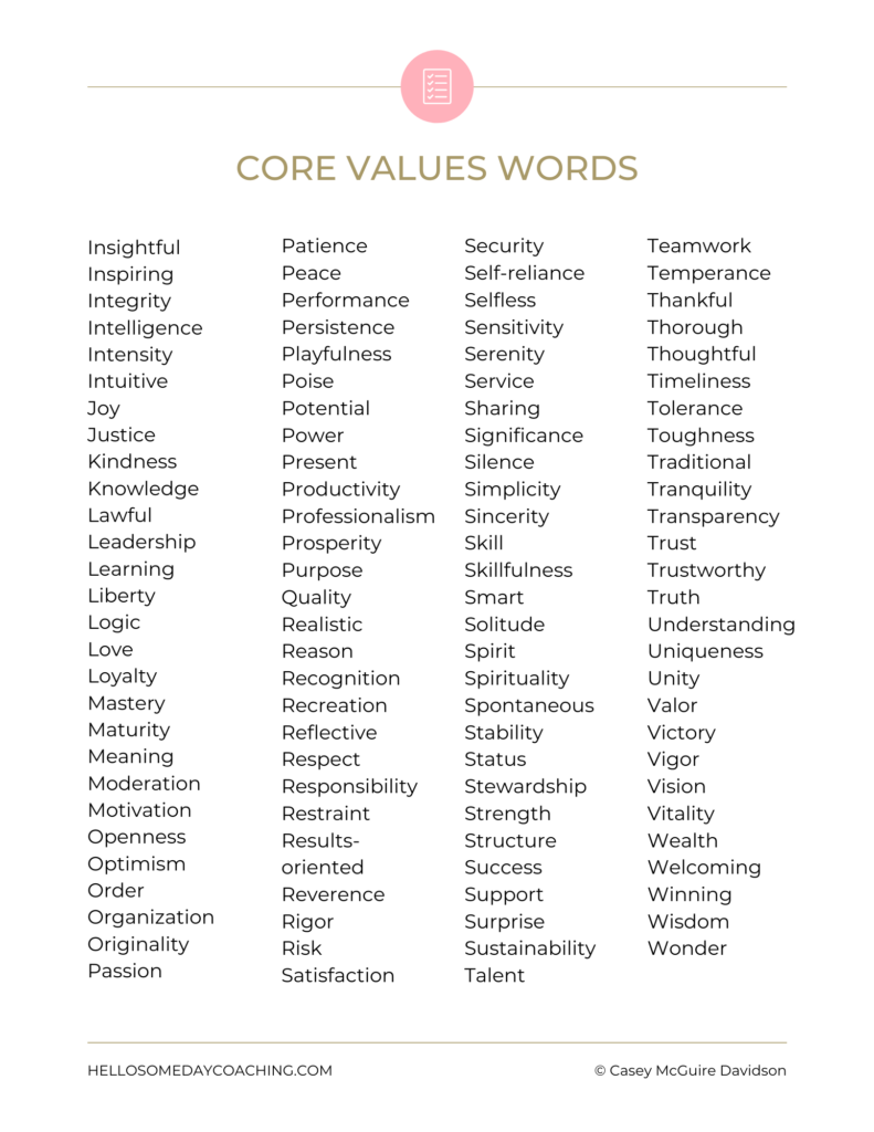 Core Values Words - Hello Someday Coaching